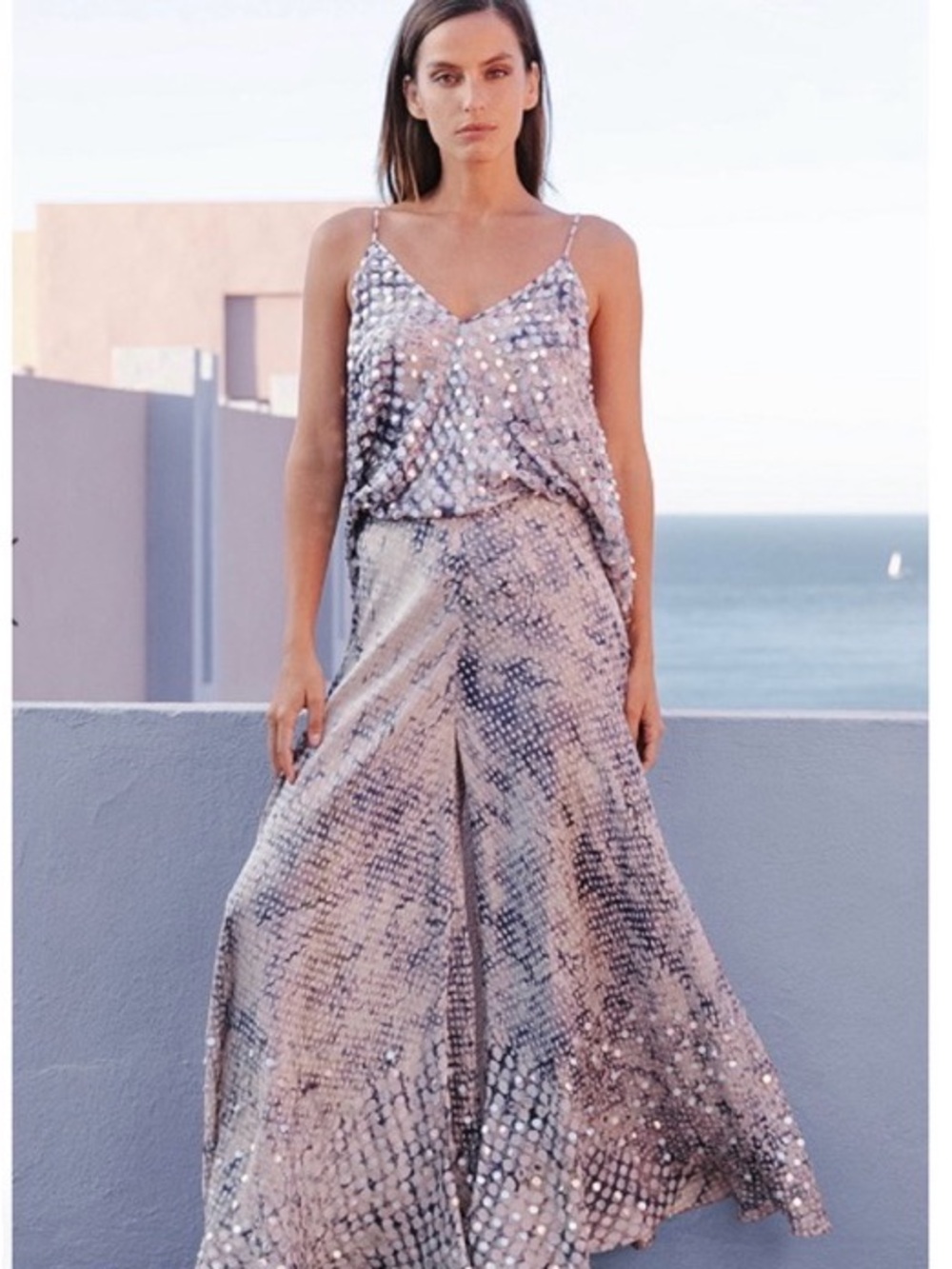 Mes Demoiselles Silver Sequin Wide-Leg palazzo Pants